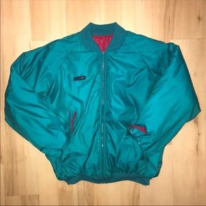 Vintage Columbia Teal/Pink Radial Sleeve Bomber Jacket
